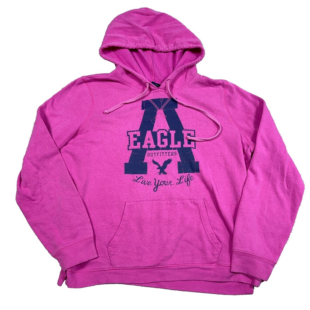 Vintage Y2K American Eagle Hoodie Women XL Pink Sweatshirt 2000s Live Your Life